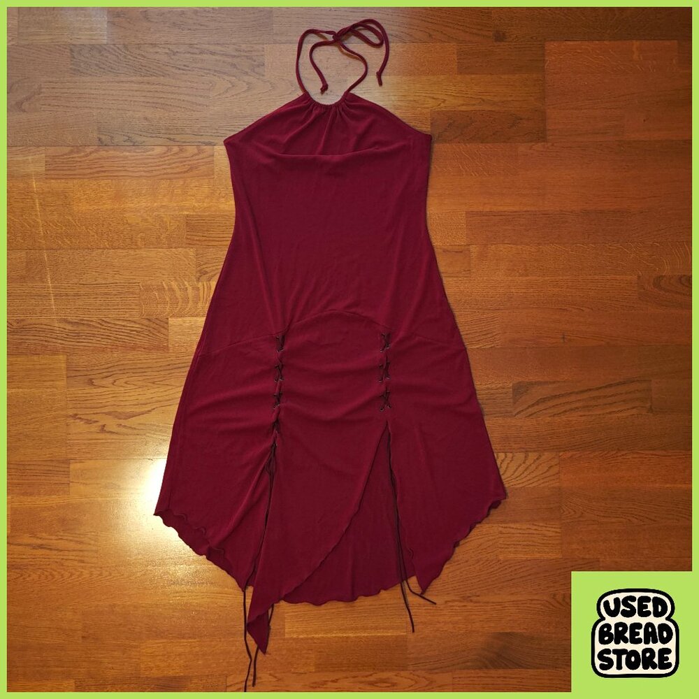 Vintage JuCunDa Midi Dress Asymmetrical Halter Red Laces Grunge Goth Y2K 2000s L